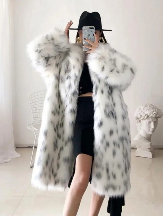 Jackets & Blazers - Black And White Leopard Print Women's Faux Fur Coat with Fashionable Long Collar